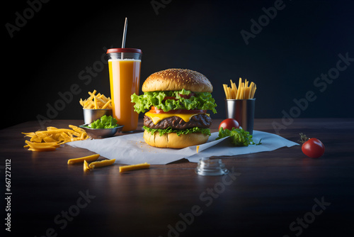 The fresh and delicious cheesy double hamburger with fries on a dark background photo