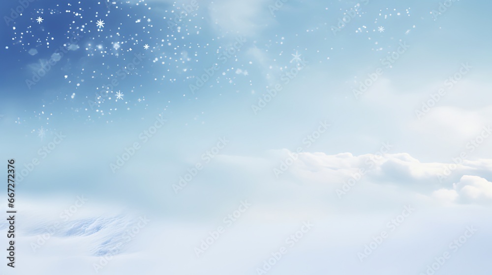 Winter space of snow. Winter snow background with snowflake with beautiful light and snow flakes on the blue sky. banner format.