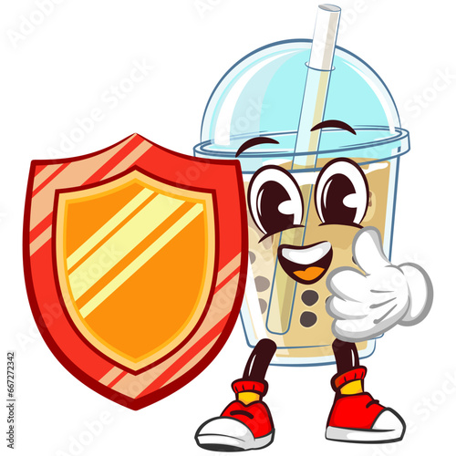 character mascot of a glass of iced boba with a funny face taking cover by carrying a shield while giving a thumbs up, isolated cartoon vector illustration. emoticon, cute boba ice glass mascot photo