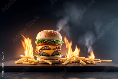 The fresh and delicious cheesy double hamburger with fries on a table in the restaurant. Fire in the background