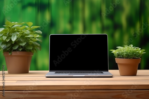 Mock up image of laptop computer with blank black desktop screen on wooden table © Olivia