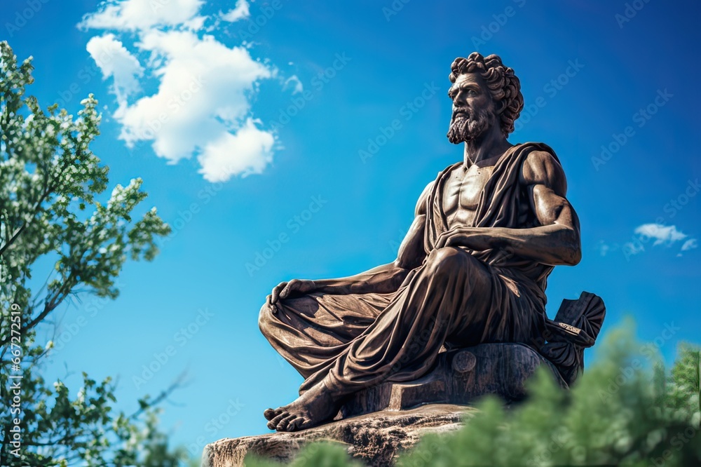 Meditating Marcus Aurelius statue in the nature.