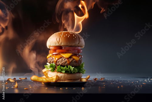 The fresh and delicious cheesy double hamburger with fries on a table in the restaurant. Fire in the background photo