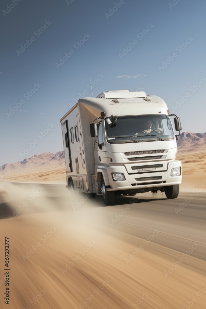 RV that drives at high speed through the desert on a sunny day RV that drives at high speed through the desert on a sunny day