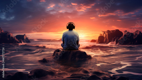 a man sitting on the ocean shore during sunset and listening to music in large headphones. illustration of harmony and enjoyment of music. Generative AI