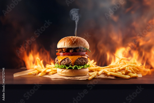 The fresh and delicious cheesy double hamburger with fries on a table in the restaurant. Fire in the background photo