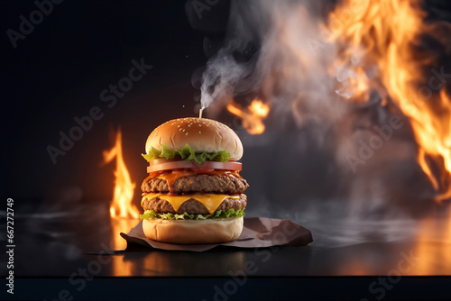 The fresh and delicious cheesy double hamburger with fries on a table in the restaurant. Fire in the background photo