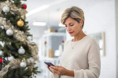 a middle-aged mature caucasian woman with grey hair texting or watching or reading some content on a smartphone indoors in an elegant white spacious room with winter holiday christmas decoration © Romana