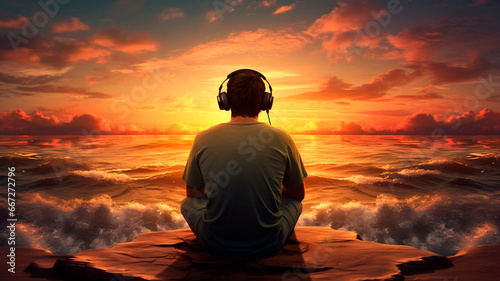 a man sitting on the ocean shore during sunset and listening to music in large headphones. illustration of harmony and enjoyment of music. Generative AI