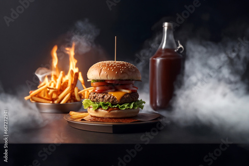 The fresh and delicious cheesy double hamburger with fries on a table in the restaurant. Fire in the background photo