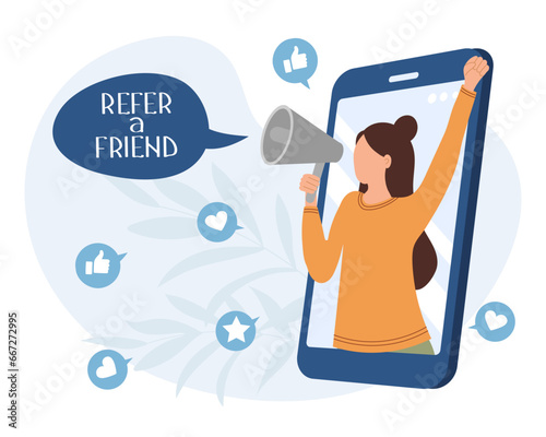 Refer a friend marketing concept. A woman with a megaphone invites friends to a referral program. Social media marketing for friends. Landing page template. Vector.