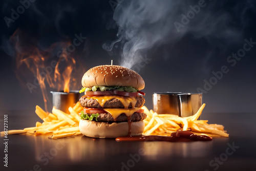 The fresh and delicious cheesy double hamburger with fries on a table in the restaurant. Fire in the background