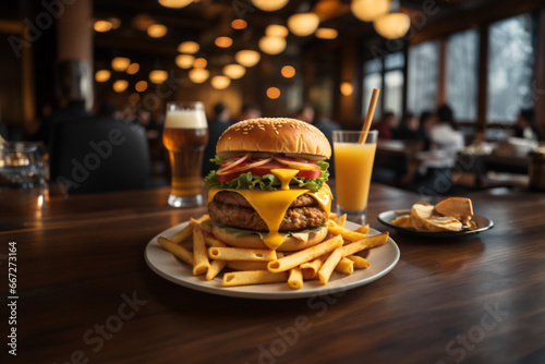 The fresh and delicious cheesy double hamburger with fries on a table in the restaurant. Fire in the background