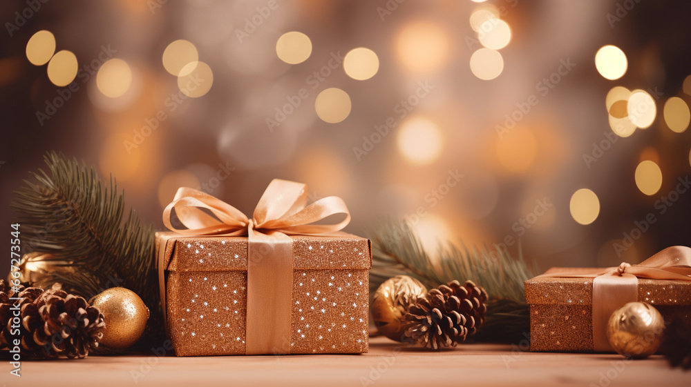 gift boxes and christmas decoration on blurred background