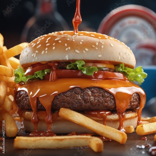 The fresh and delicious cheesy double hamburger with fries on a table in the restaurant. photo