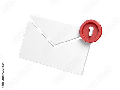 Mail icon. Isolated. Message notification. One new message. 3d illustration.