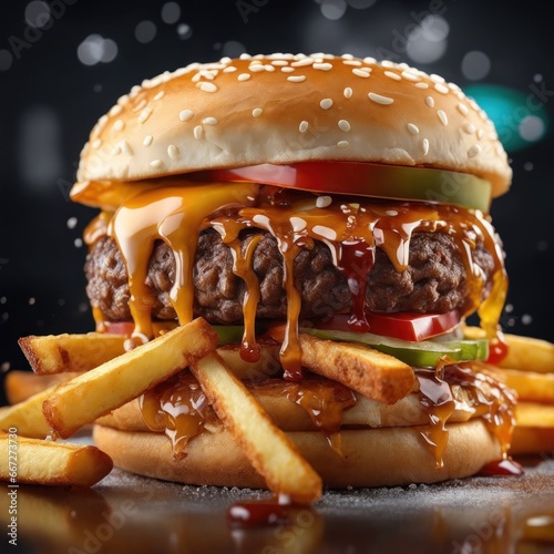 The fresh and delicious cheesy double hamburger with fries on a table in the restaurant. photo