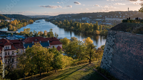 Beautiful autumn day full of sun from Prague's Vyšehrad. View of the Vltava river.