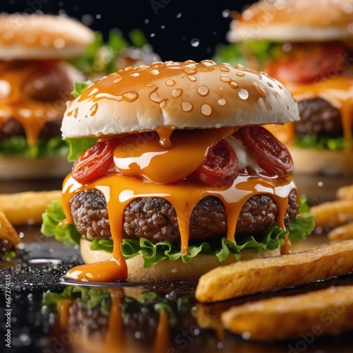 The fresh and delicious cheesy double hamburger with fries on a table in the restaurant. photo