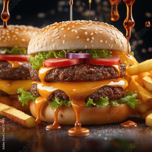 The fresh and delicious cheesy double hamburger with fries on a table in the restaurant. photo