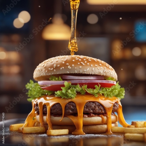 The fresh and delicious cheesy double hamburger with fries on a table in the restaurant. photo