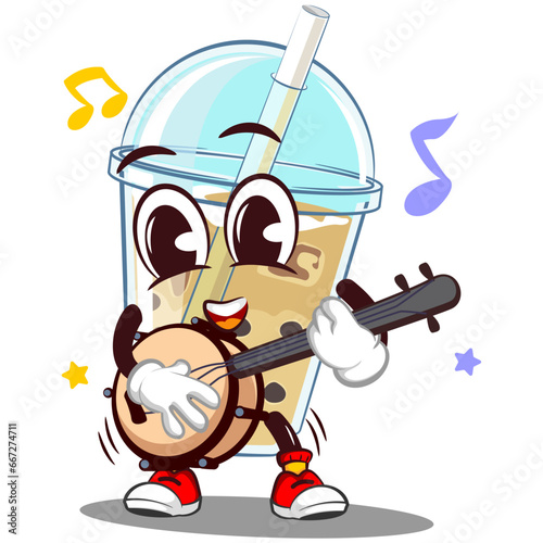 character mascot glass of iced boba with funny face playing banjo, isolated cartoon vector illustration. emoticon, cute boba ice glass mascot