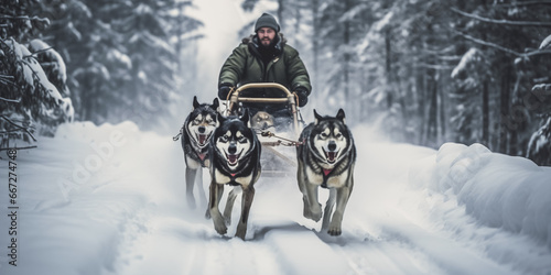 Man musher behind sleigh at sled dog race on snow in winter photo
