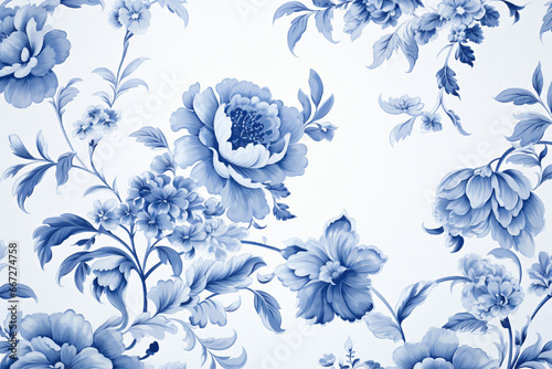 Vintage floral seamless pattern in blue and white colors. Hand-drawn illustration.