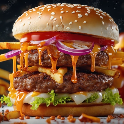 The fresh and delicious cheesy double hamburger with fries on a table in the restaurant. photo