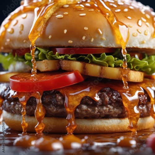 The fresh and delicious cheesy double hamburger with fries on a table in the restaurant. photo