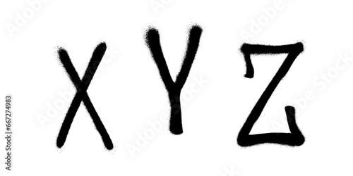 Graffiti spray font alphabet with a spray in black over white. Vector illustration. Part 7