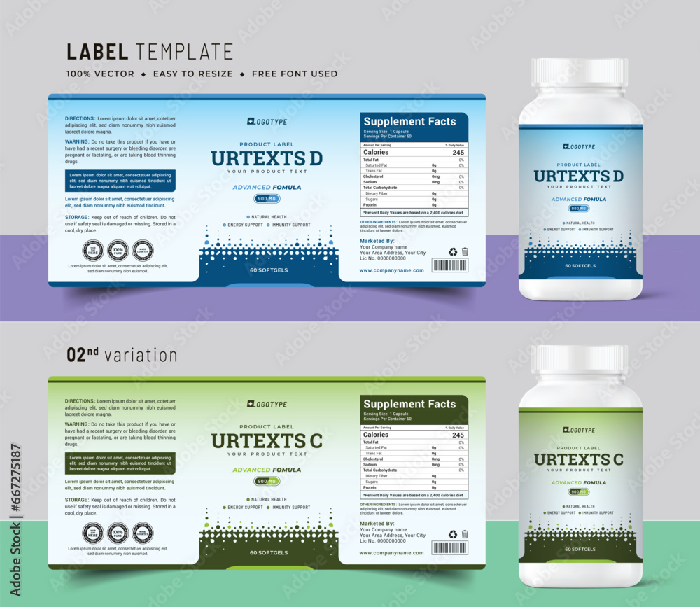 Vitamin label sticker design and natural food supplement banner