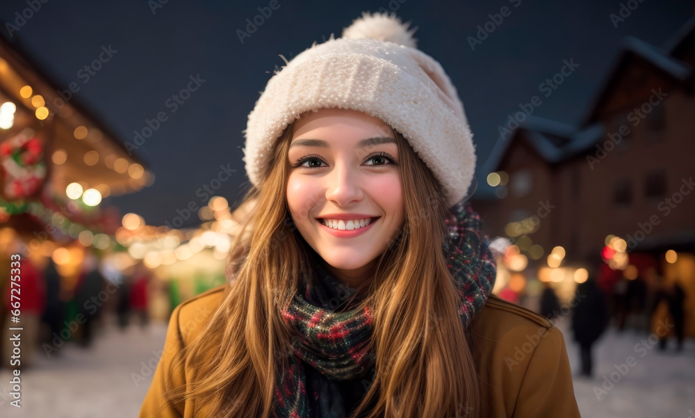Portrait of a beautiful young woman smiling at the camera during the Christmas time. Blurry Christmas market at background. AI generative