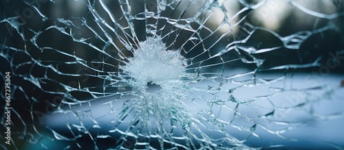 Closeup of shattered glass windshield of a broken car Car accident causing damage to the front window