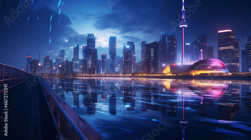 Futuristic River, metallic water, neon reflections, city skyline on the horizon, cyberpunk vibe