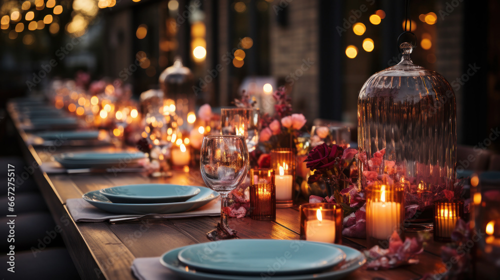 Elegant Wedding Table: A Terrace Bathed in Warmth and Light. Generative AI