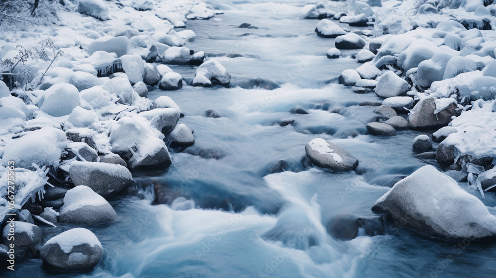 River in winter, frozen water patterns, ice fractals, monochromatic blues and whites, soft - focus