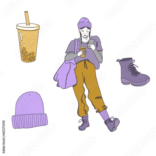 Illustration of a girl drinking bubble tea at the bus stop photo
