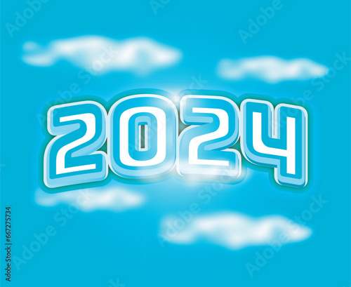 Happy New Year 2024 sky background with text effect design, cloud on blue sky background