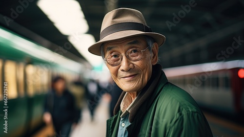 An elderly man wearing a hat and glasses standing in front of a train. Generative AI.