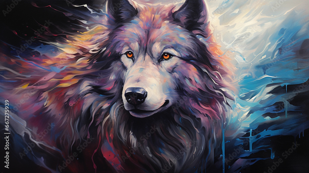 Naklejka premium Wolf, long ethereal hair, impressionistic brush strokes, amidst an abstract interpretation of the northern lights, captivating eyes