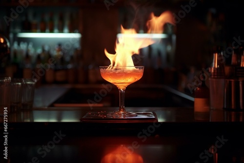 Flaming cocktail on bar counter. Generative AI