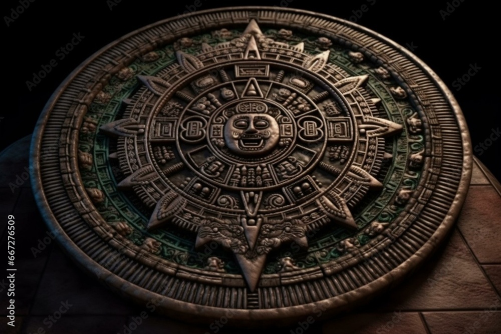 Detailed aztec mayan calendar with round pattern and relief on stone surface. Generative AI