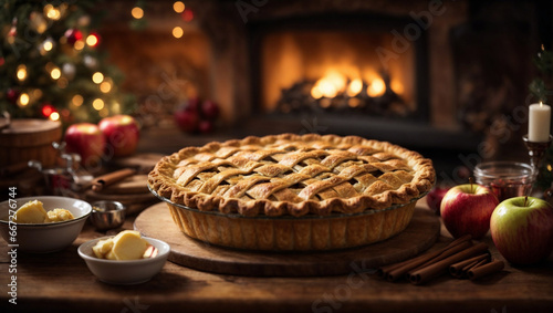 Torta di mele, sformato di mele in una atmosfera natalizia con caminetto e luci di Natale sullo sfondo photo
