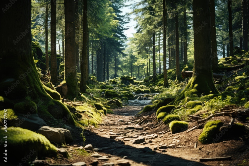 Fototapeta premium Panorama of a green forest of deciduous trees with the sun casting its rays of light through the foliage