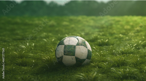 Soccer ball on green grass background. 3d render illustration. © Samira