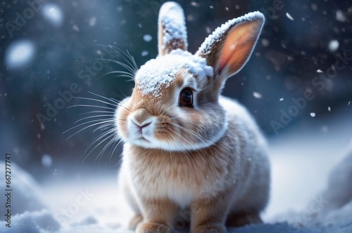 Small gray rabbit or hare cub sitting in snowy forest. Sweet bunny rabbit hare. Wild rabbit or hare in a winter field with first snow in it animal natural habitat. © useful pictures