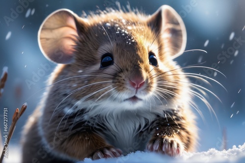 Curious mouse baby mice looking from hole in snow in winter. Cute little common rodent animal in wildlife. photo