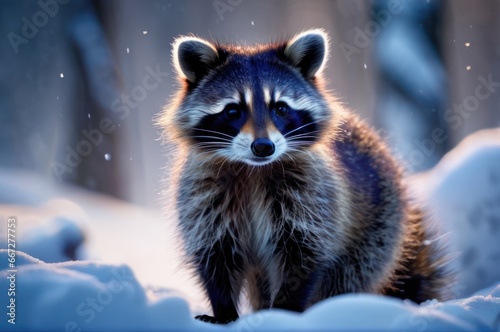One fluffy baby raccoon cub sitting on the white snow in winter frosty day