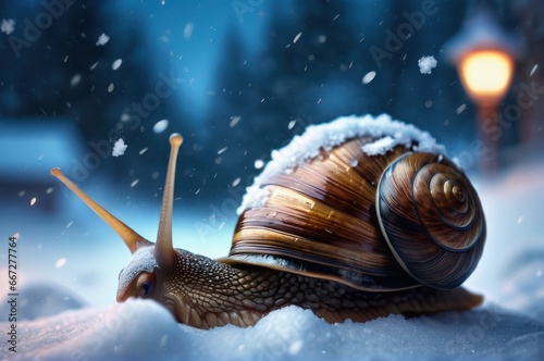 Little snail did not have time to get home and winter came. Wake me up when winter ends. The last snow of the winter. You can feel the spring coming - the nature and animals are slowly awakening.